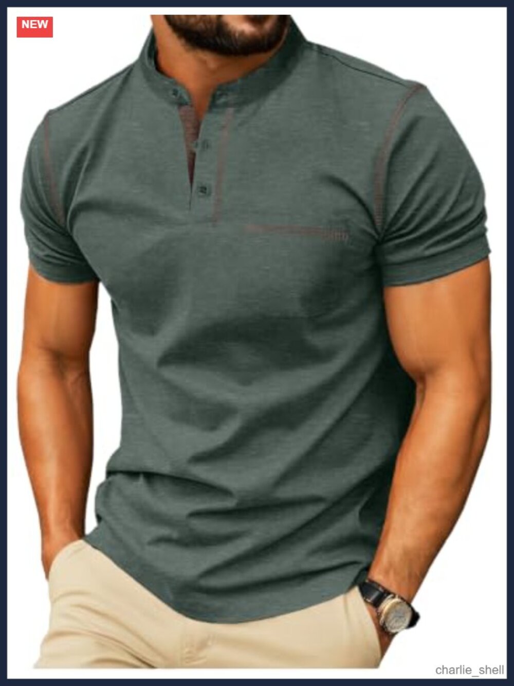 Men's Short Sleeve Cotton Henley Shirt with Pocket and 3-Button